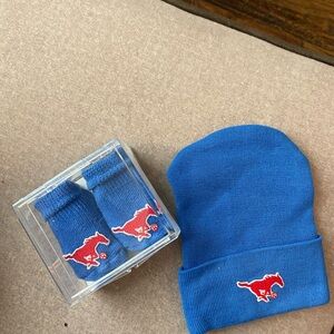 SMU New born Blue Beanie and Socks Set with Red Logo